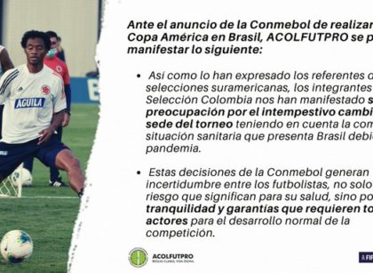 Asociación de futbolistas colombianos preocupada por cambio de sede de Copa América