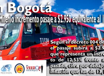 En Bogotá Transmilenio incremento pasaje a $2.950 equivalente al 12,53% frente 2022.