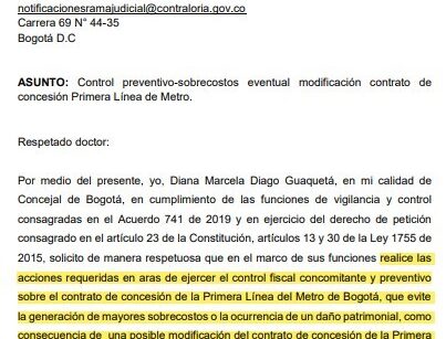 Concejal Diana Diago solicitó a la Contraloría General de la Nación y Contraloría de Bogotá, la supervisión fiscal del contrato de concesión de la primera línea del Metro